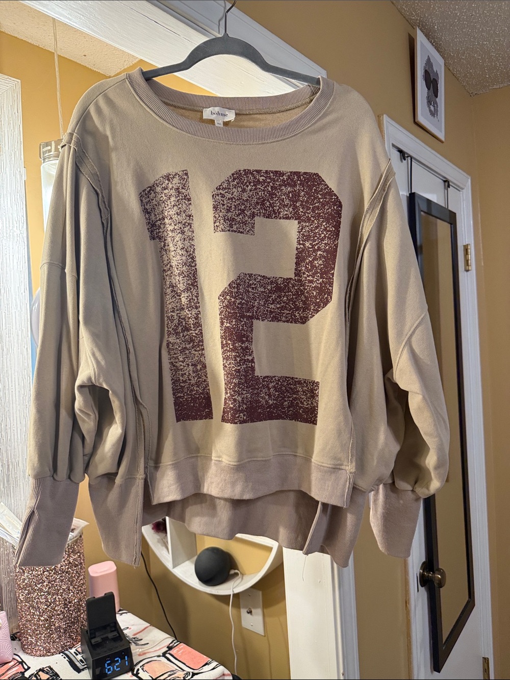 bohme Taupe Scoop-Neck Sweatshirt with Distressed Burgundy '12' Graphic